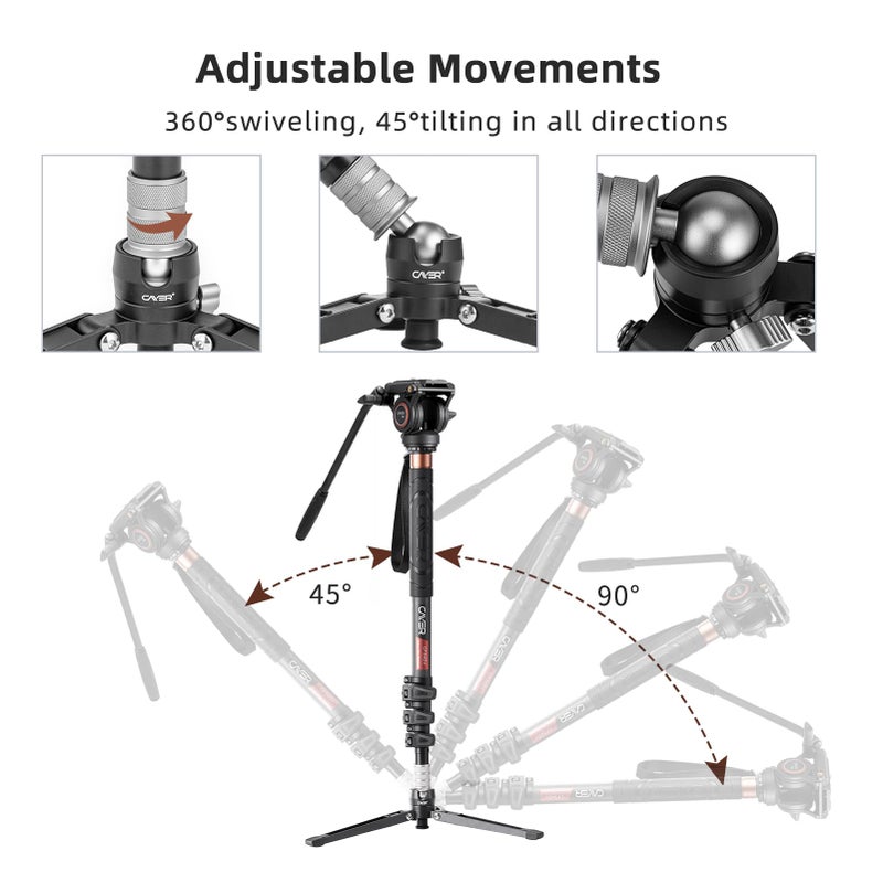 Cayer حامل كاميرا كاير مونو بود، مجموعة مونو بودات تلسكوبية من ألياف الكربون مع رأس سائل للفيديو وقاعدة دعم قابلة للطي، 1 لوحة انزلاق إضافية، لكاميرات الفيديو DSLR وكاميرات الفيديو، CF34، 72 بوصة - Image 4